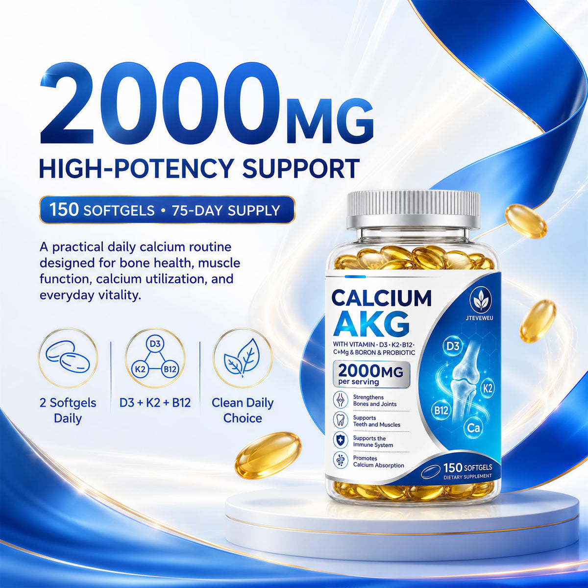 Calcium AKG Supplement 2000mg - 150 Softgels with Vitamin D3 & K2 Softgels for Women & Men │ High Absorption│Calcium Supplements with Magnesium Glycinate, Boron, Probiotics & Vitamin C for Bone1
