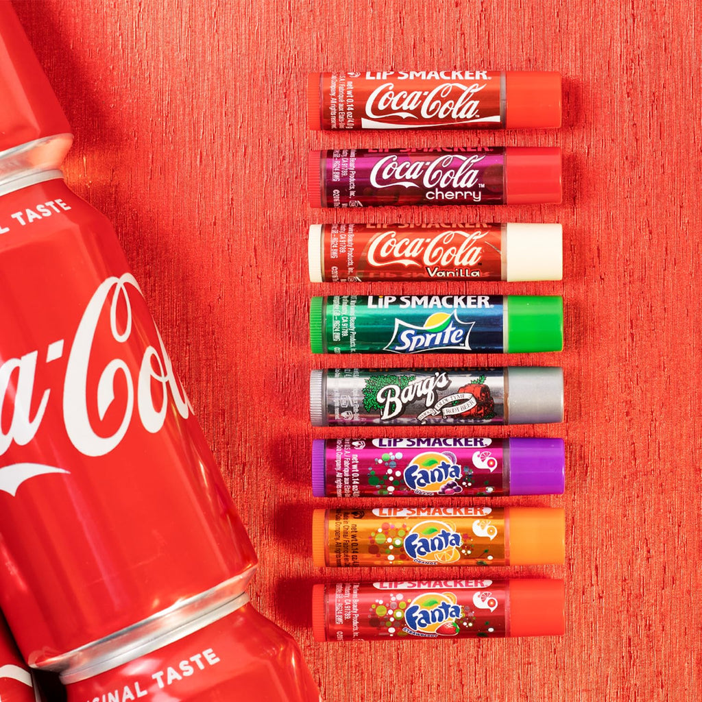 Buy now Lip Smacker Coca-Cola Flavored Balm, 8 Count, Flavors Coke, Cherry Vanilla Sprite, Root Beer, Orange Fanta, Grape Strawberry Fanta at indiglob india