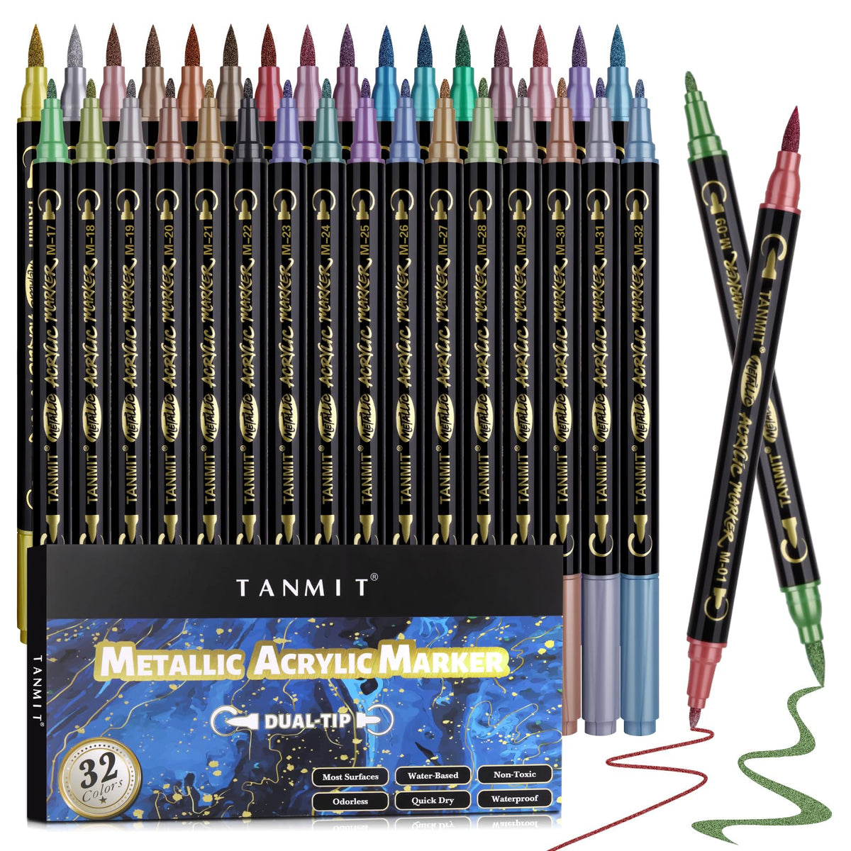 TANMIT 32 Colors Metallic Marker Pens, Dual Tip Acrylic Paint Pens Markers for Black Paper, Scrapbooking, Rock Painting, Wood, Canvas, Stone, Glass, Ceramic, DIY Crafts Making Art Supplies