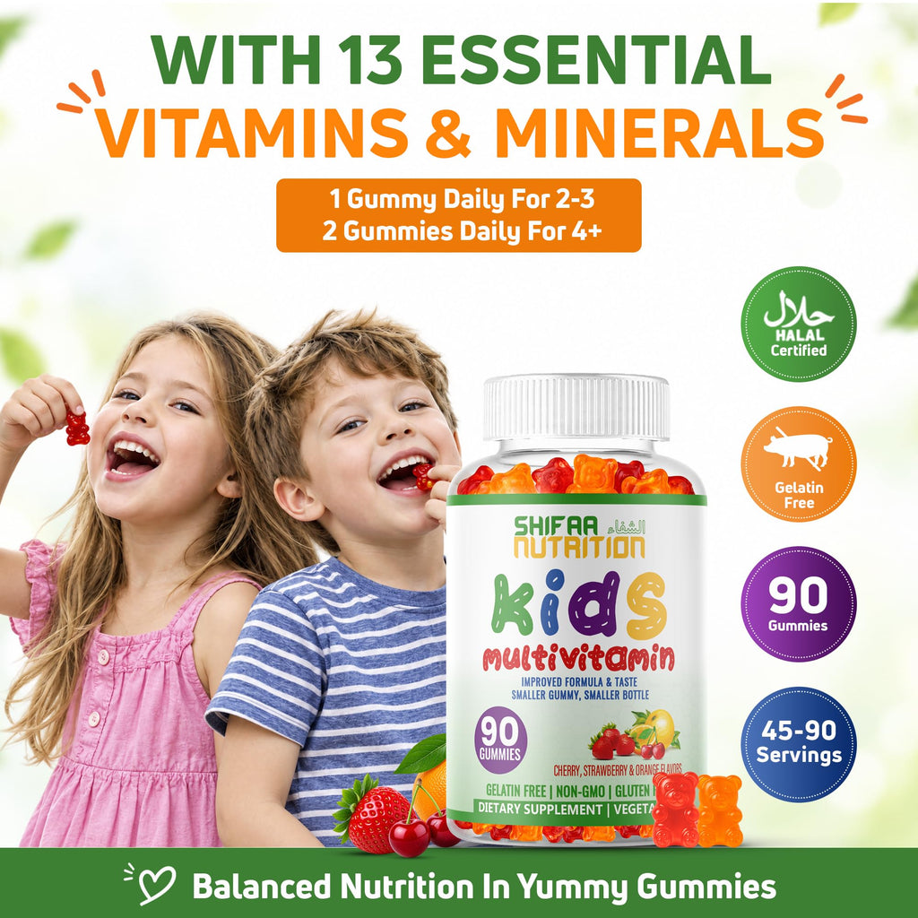 SHIFAA NUTRITION Halal Kids Multivitamin Gummies, 45-90 Days Supply, with All Essential Kids Vitamins. Toddler Vitamins with Vitamin C, D, Zinc, A, E, B6, B12, Biotin | Halal Gummies for Kids