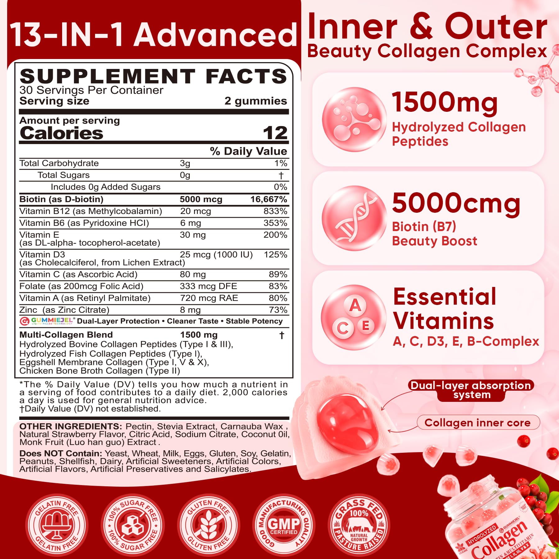 2Pack Sugar-Free Hydrolyzed Collagen Peptide Filled Gummies for Women & Men, with 1500mg Protein Type I,II,III,V,X, 5000mcg Biotin Vitamin C A E D3 B6 B12 for Immune Digestion Skin Hair Nails, Bone