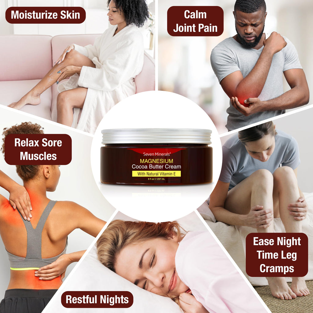 Buy now Seven Minerals, Natural Magnesium Cream for Pain Calm, Leg Cramps, Sleep & Muscle Soreness With Moisturizing Organic Cocoa Butter & Vitamin E - No Harmful Ingredients USA Made Safe for Kids (8 fl oz) at indiglob india