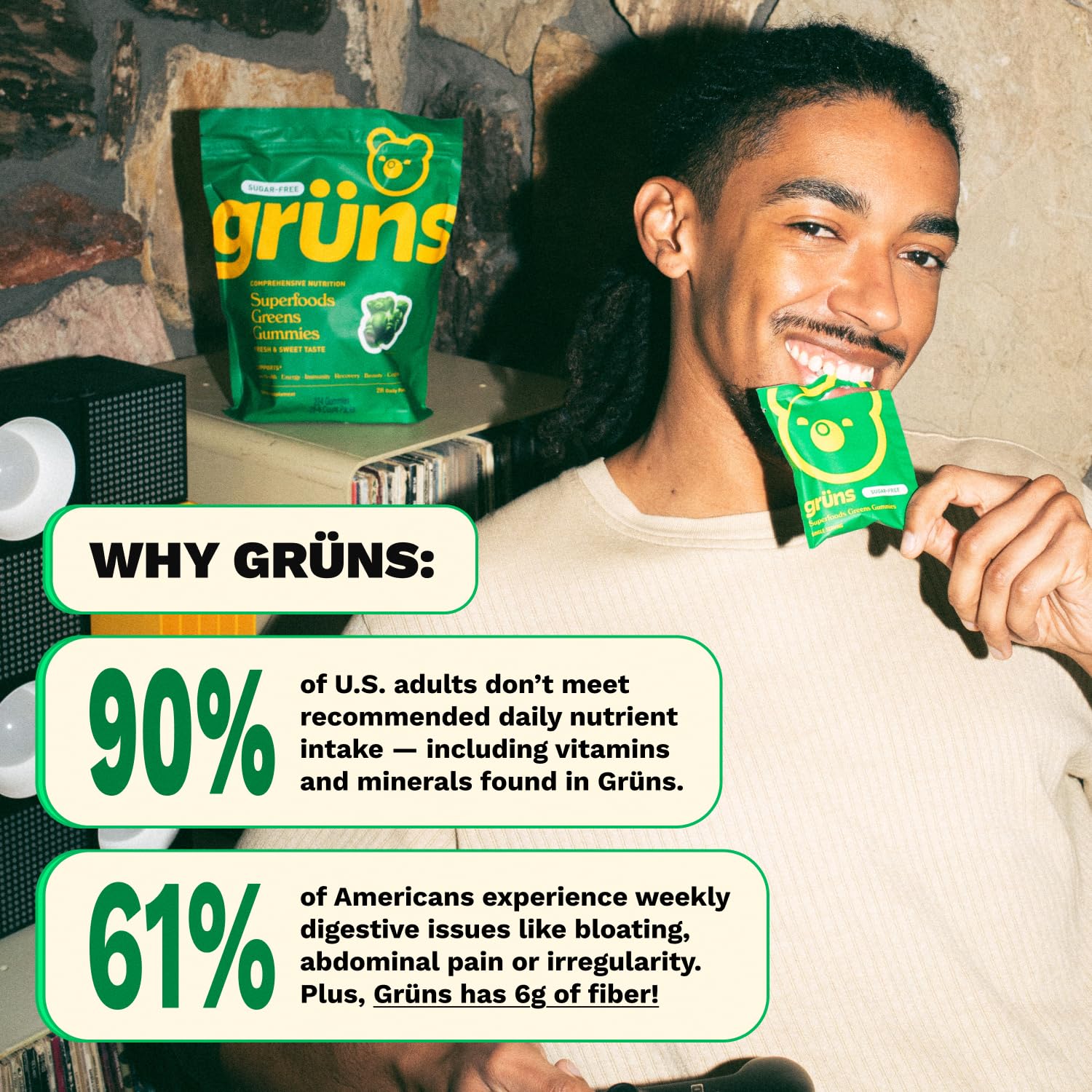 Adult Greens Gummies Sugar Free Multivitamin & Prebiotic Fiber, 10 ct | Daily Supplement for Men and Women with Vitamins, Minerals, Adaptogens, Fiber