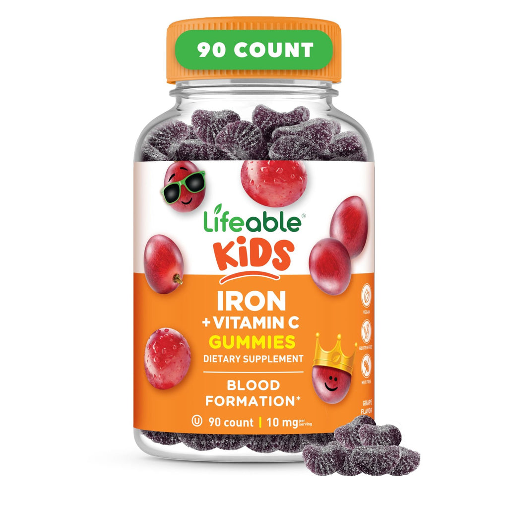 Iron Supplements for Kids | 10mg | with Vitamin C | Great Tasting Iron Gummies for Kids | Vegan Non GMO Kids Iron | for Immune Health and Iron Deficiency | 90 Gummies | Lifeable