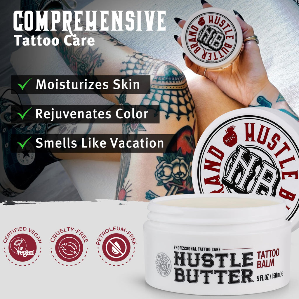 Hustle Butter Tattoo Aftercare 5oz Tattoo Balm, Heals + Protects New Tattoos and Rejuvenates Older Tattoos - 100% Vegan Cream No-Petroleum