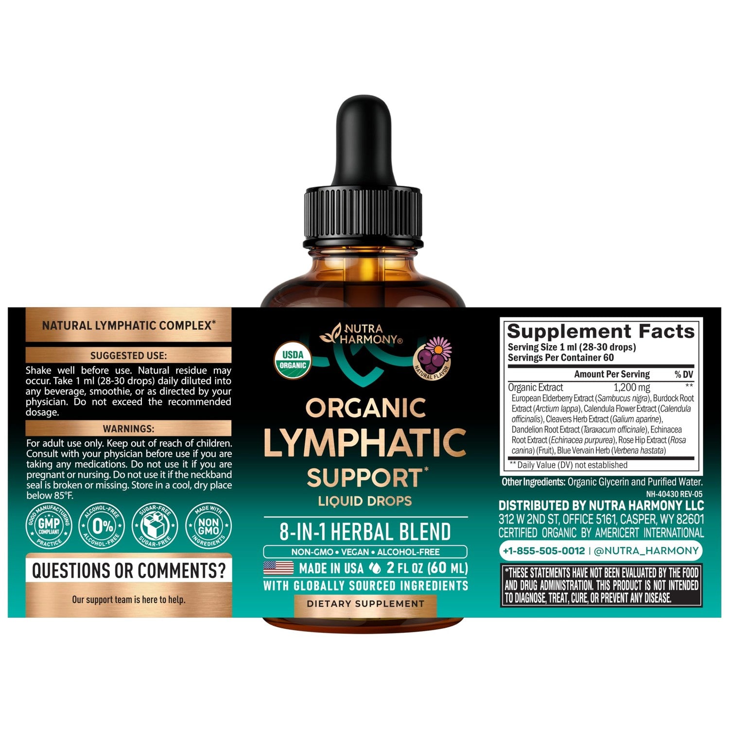 Lymphatic Drainage Drops - USDA Organic Lymphatic Supplements - 2 fl oz | Echinacea, Elderberry, Dandelion, Rosehip, Cleavers, Calendula, Burdock - Sugar & Alcohol-Free - Immune & Lymph Flow Support