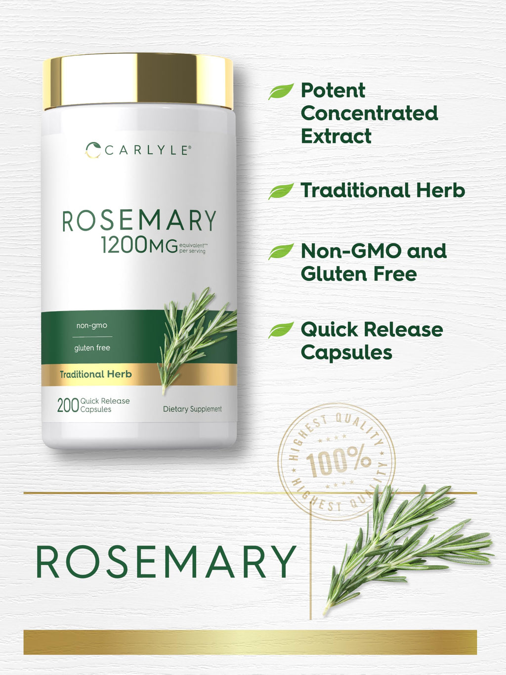 Carlyle Rosemary Capsules | 200 Count | Non-GMO & Gluten Free Extract