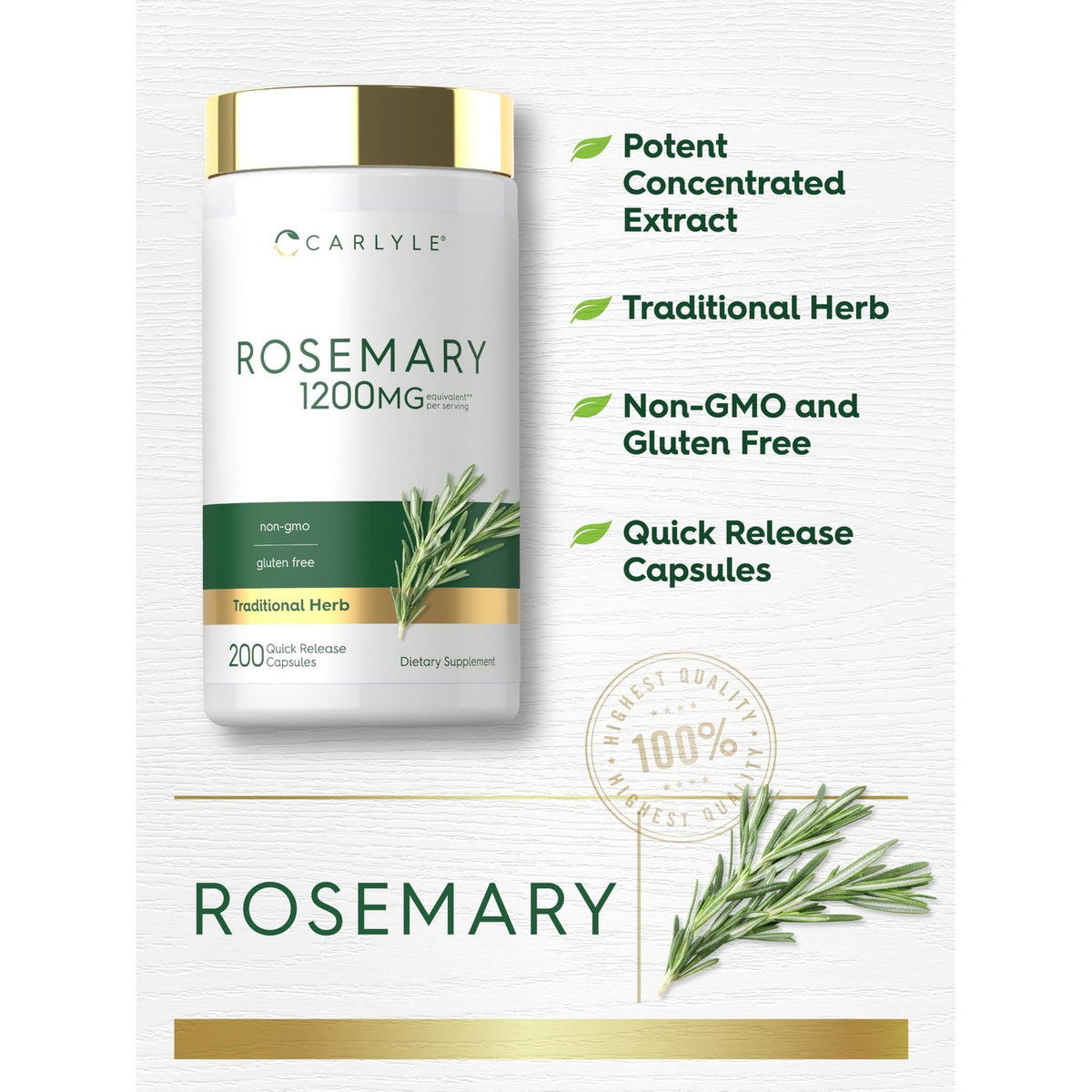 Carlyle Rosemary Capsules | 200 Count | Non-GMO & Gluten Free Extract