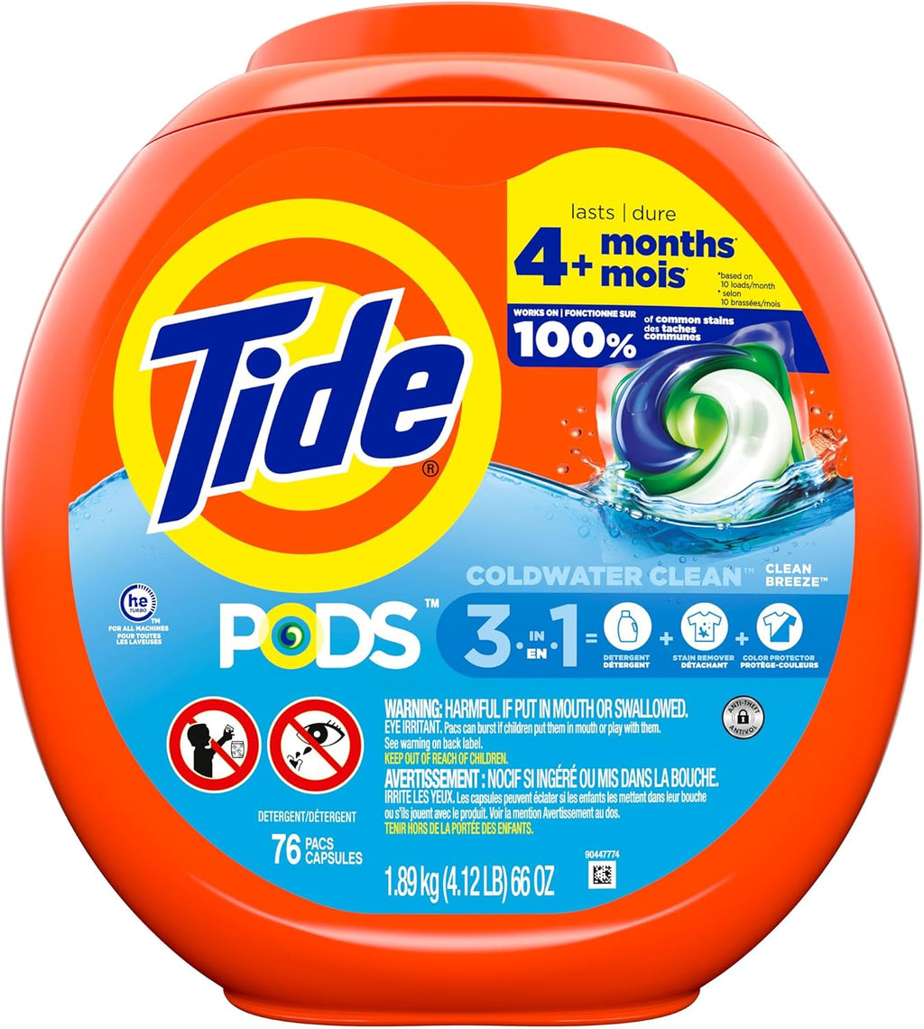 Buy now Tide PODS laundry detergent pacs, 3-in-1 Stain Remover, Odor Fighter, Color Protector, 76 Count, HE compatible, Clean Breeze Scent at indiglob india