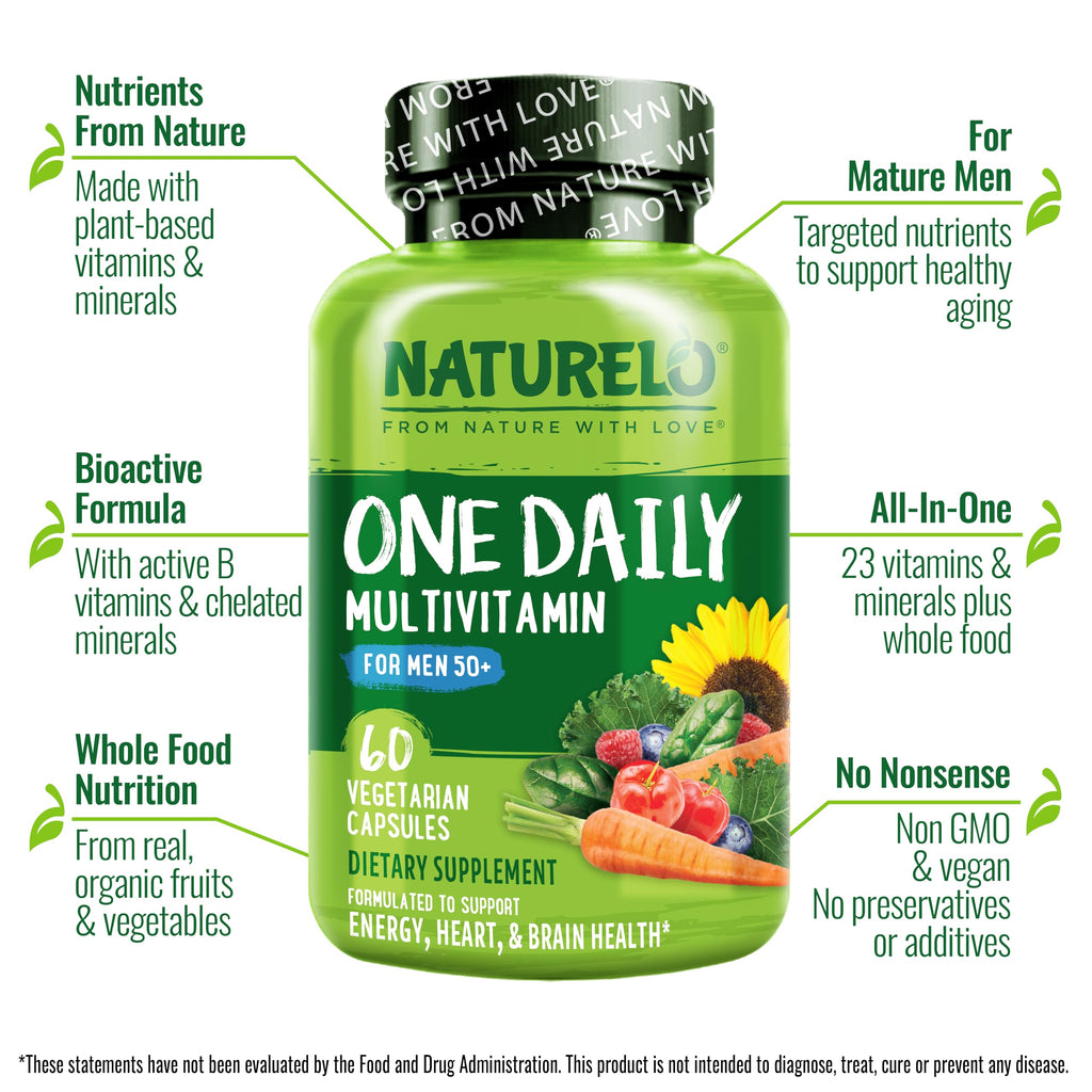 NATURELO Multivitamin for Men 50+ - One Daily, 60 Vegetarian Capsules | Vitamins, Minerals & Organic Whole Foods, Boost Energy and Health, Non-GMO