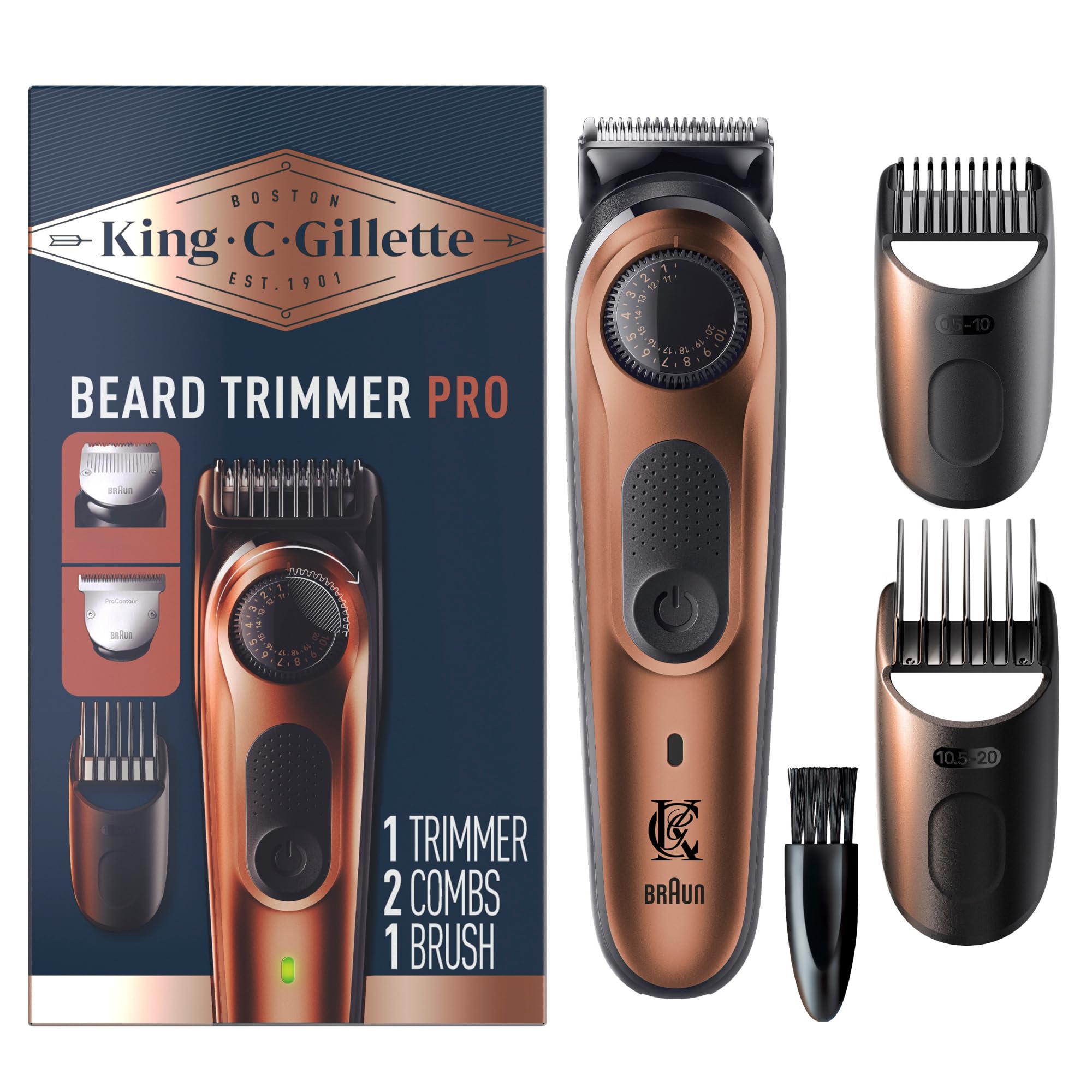 Buy now King C. Gillette Beard Trimmer PRO with 40 beard length settings in precise 0.5mm steps, cordless design & 1 trimmer, 1 brush, 2 combs, 1 charger and 1 T-blade at indiglob india