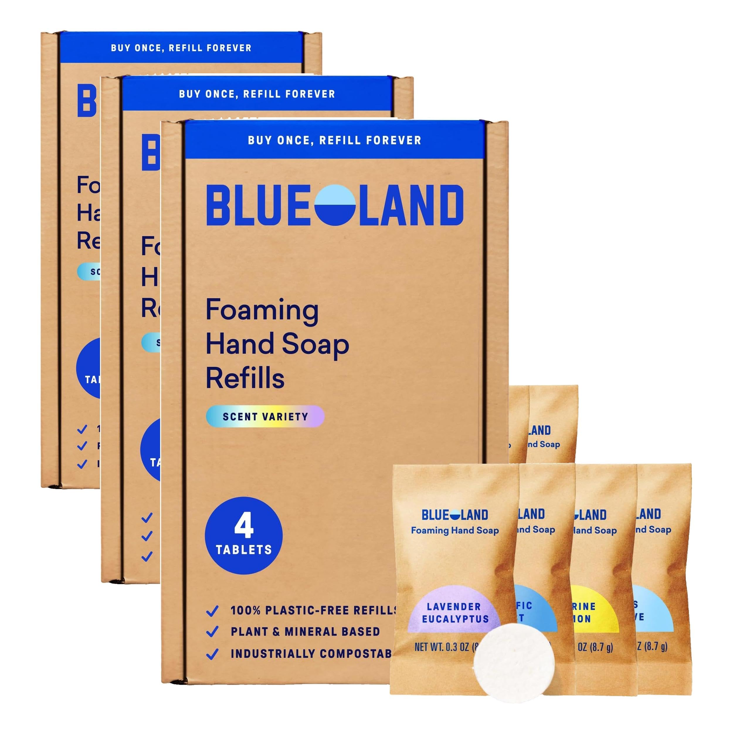 BLUELAND Foaming Hand Soap Refill Tablets, 4-Pack, Variety Scents | 100% Plastic-Free Tablet, Plant & Mineral-Based, Hypoallergenic, EPA Safer Choice, Safe for Sensitive Skin
