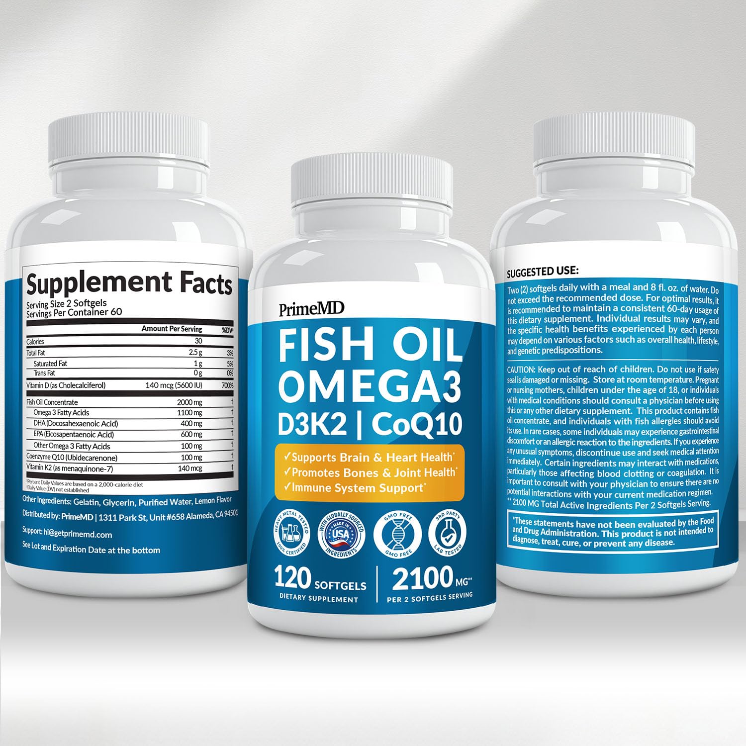 PrimeMD 4-in-1 Fish Oil Omega-3 with D3 K2 CoQ10, Lemon, 120 Softgels | Heart, Brain and Joint Support, Omega 3 with Vitamin D3, K2 and CoQ10, Lemon Flavored Softgels, Fish Oil Supplement