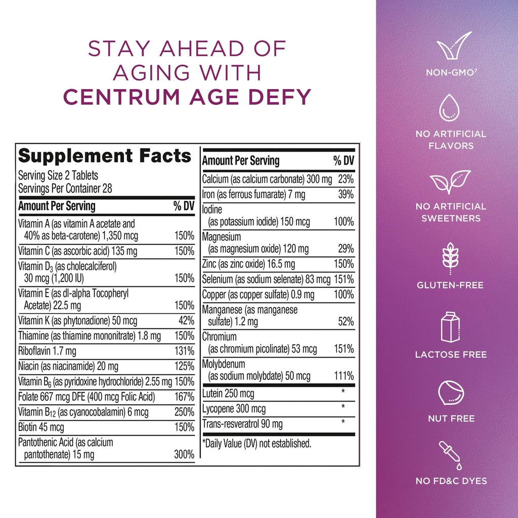 Centrum Age Defy for Women 35 and Over, 60 Tablets | High-Potency Multivitamin and Healthy Aging Supplement ,Multivitamin with Resveratrol, and Niacin for NAD+ Level Support