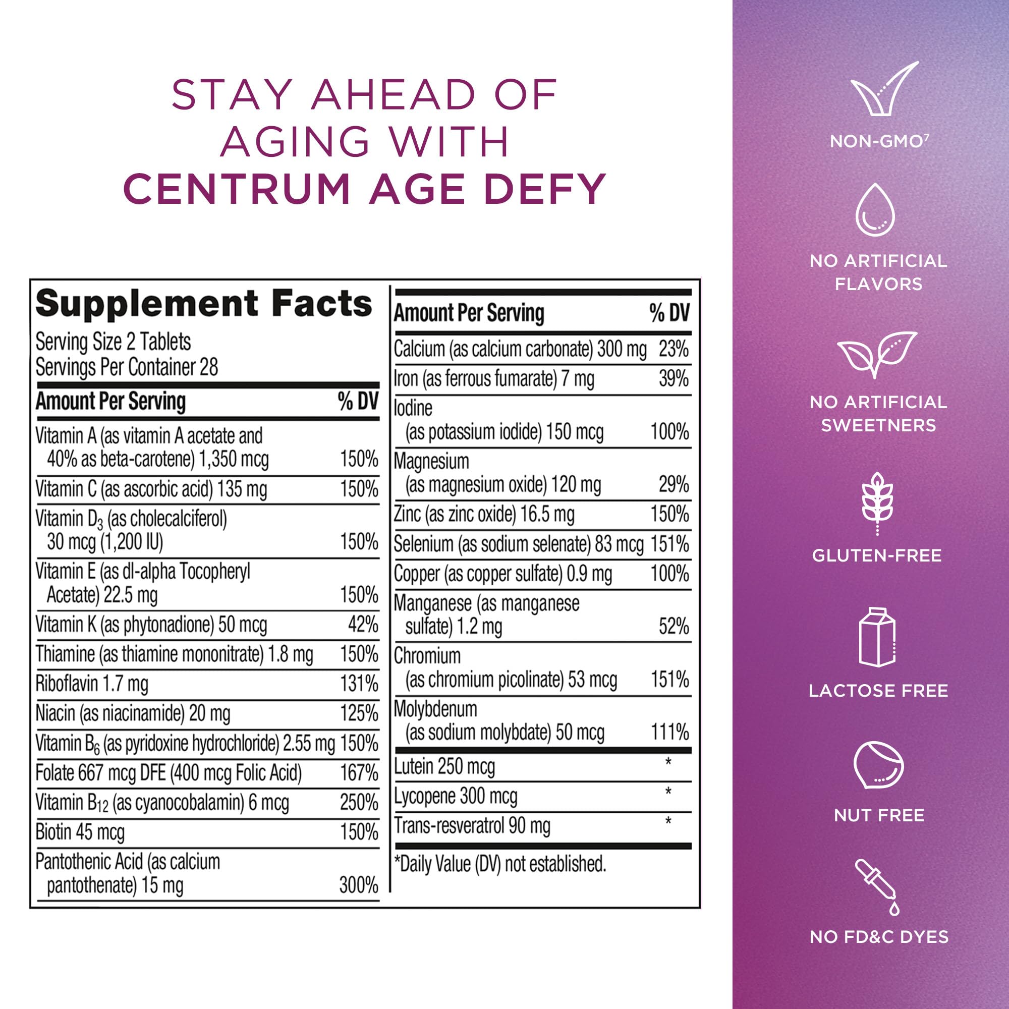 Centrum Age Defy for Women 35 and Over, 60 Tablets | High-Potency Multivitamin and Healthy Aging Supplement ,Multivitamin with Resveratrol, and Niacin for NAD+ Level Support