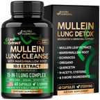 Mullein Lung Detox - Mullein Leaf 10:1 Extract Supplement - 60 Vegan Caps | Marshmallow Root | Echinacea | Quercetin | NAC - 15-in-1 Lung Support & Cleanse for Smokers Supplement - for Women & Men