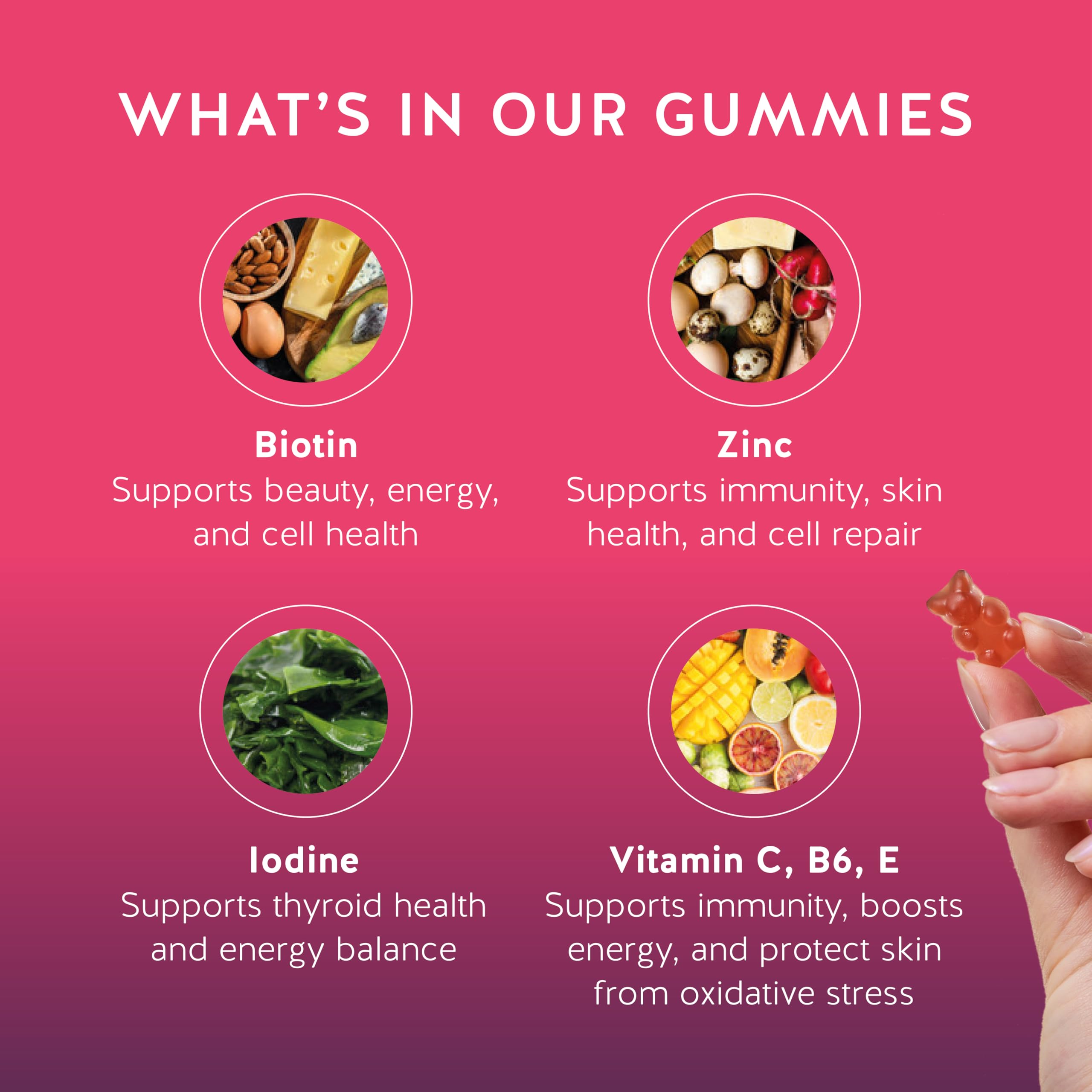 Bears with Benefits Biotin 5,000 mcg Hair Growth Gummies | Complete beauty formula with Vitamins C & E, Zinc and Iodine to support healthy hair, glowing skin and stronger nails.