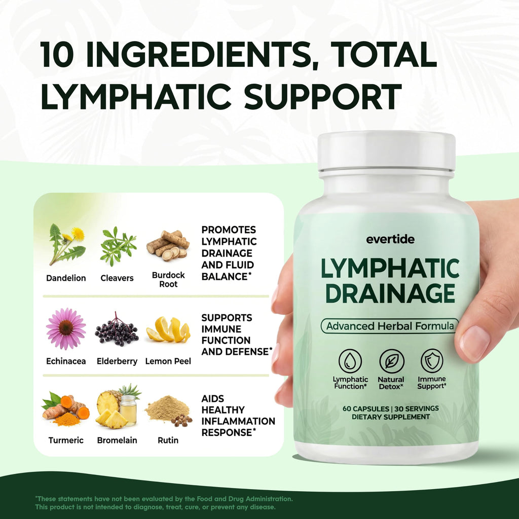 evertide Lymphatic Drainage Supplement - Lymphatic Support for Fluid Balance, Detox & Immune Health with Echinacea, Elderberry, Dandelion & Turmeric - 60 Capsules, 30 Day Supply