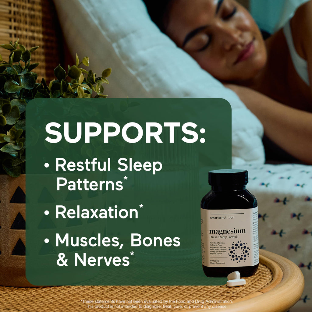 Smarter Nutrition Magnesium Complex - Chelated Magnesium Glycinate with Citrate, Malate and L-Theanine for Sleep, Muscle Relaxation and Stress Support - Non-GMO - 360 Tablets[180DaySupply]
