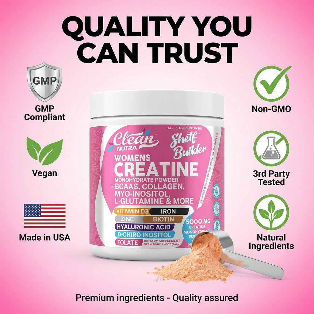 Creatine for Women | Creatine Monohydrate + BCAA Powder Myo-Inositol Collagen Biotin Hyaluronic Acid Folate L Glutamine Vitamin D3 Iron Zinc D-Chiro-Maca Digestion Shelf Builder By Clean Nutra