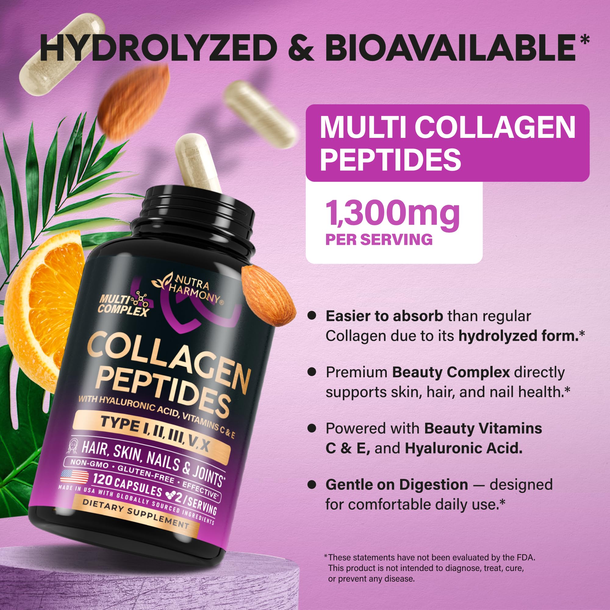 Multi Collagen Peptides 1300mg - Hydrolyzed Types I II III V & X - 120 Caps | Collagen Supplements for Women + Hyaluronic Acid, Vitamin C & E - Skin Hair Nails & Joint Support - Lab Tested, 60-Day Supply