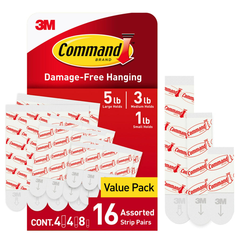 Command Replacement Adhesive Strips – 8 Small, 4 Medium, 4 Large, Damage-Free Hanging for Hooks and Clips, 16-Count (Pack of 2)