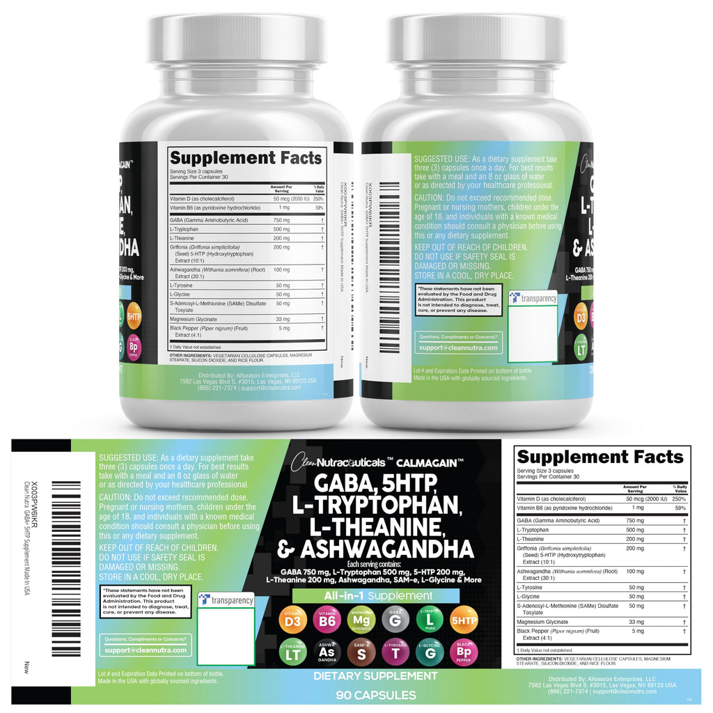 Clean Nutraceuticals GABA 750mg 5 HTP 200mg L Tryptophan 500mg L Theanine 200mg Ashwagandha SAM-e L-Glycine - Mood Support Vitamins for Women and Men with L-Tyrosine 5-HTP (5-Hydroxytryptophan)