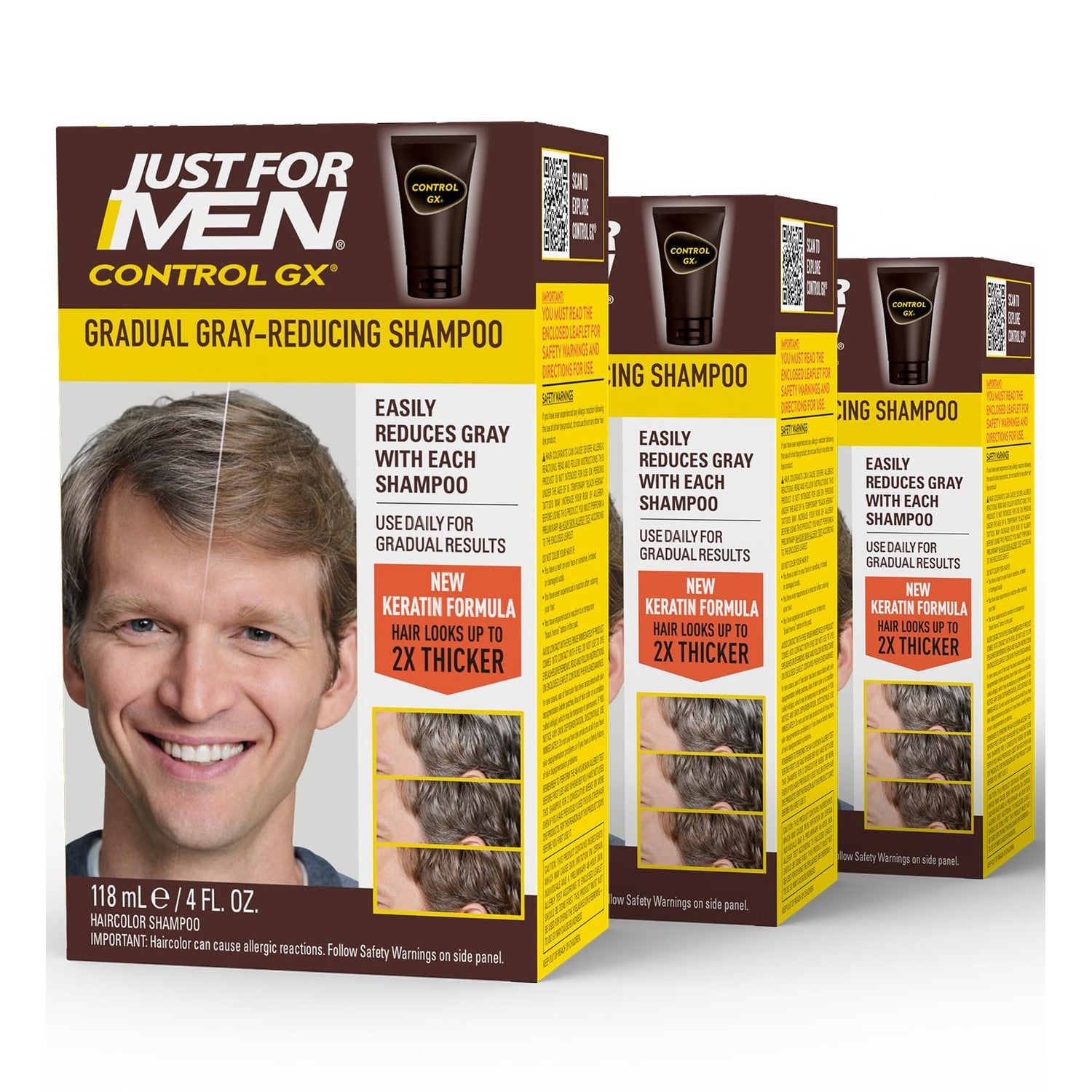 SHAMPOO JUST FOR MEN Control GX Gray Reducing, Light, 4 Fl Oz (1 Pack) | Control GX multi-patented formula gradually reduces gray with each shampoo for light shades. Keratin thickens hair.