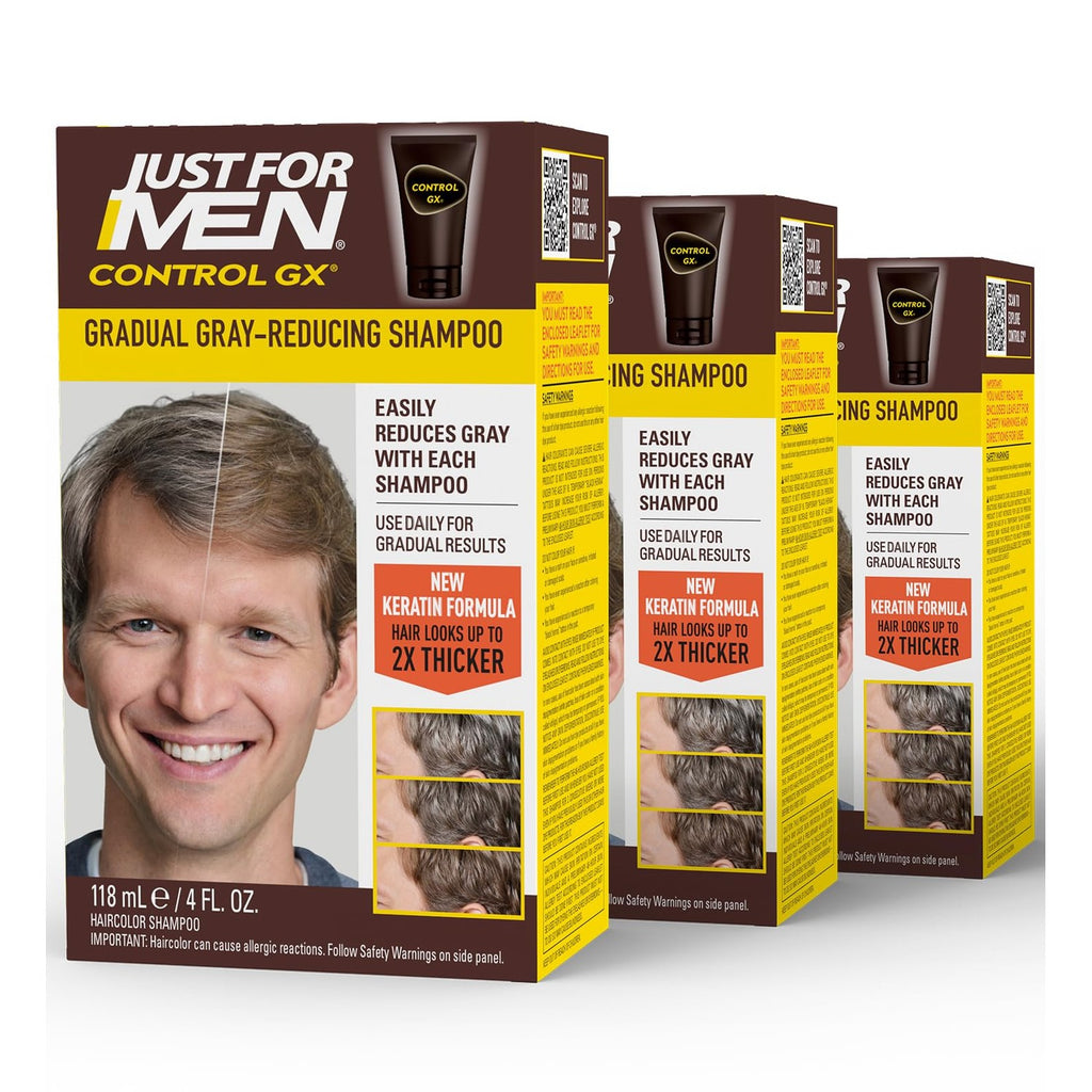 SHAMPOO JUST FOR MEN Control GX Gray Reducing, Light, 4 Fl Oz (1 Pack) | Control GX multi-patented formula gradually reduces gray with each shampoo for light shades. Keratin thickens hair.