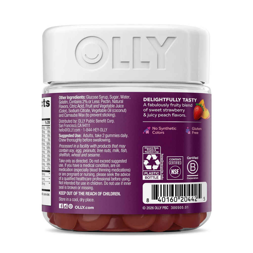 OLLY Women's 40+ Multi Gummies, 20 Key Nutrients Plus Vitamin K2, CoQ10, L-Theanine, Chewable Gummy Supplement, Peach Berry Flavored, 45 Day Supply - 120 Count