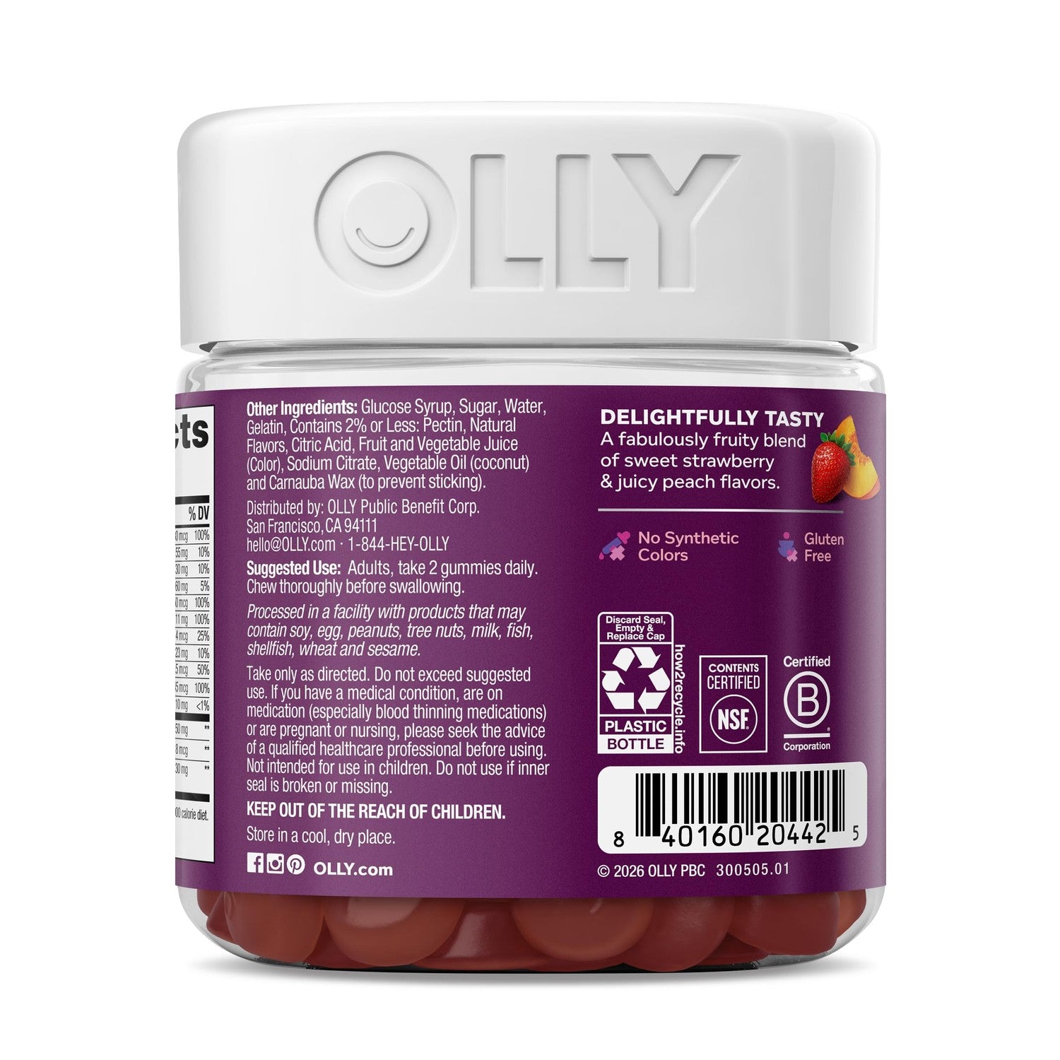 OLLY Women's 40+ Multi Gummies, 20 Key Nutrients Plus Vitamin K2, CoQ10, L-Theanine, Chewable Gummy Supplement, Peach Berry Flavored, 45 Day Supply - 120 Count