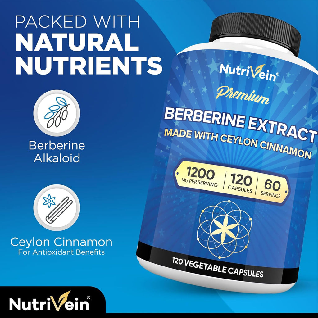 Nutrivein Berberine Supplement 1200 mg with Ceylon Cinnamon, 120 Capsules | High-absorption berberine HCl for men and women. Supports metabolism, digestion, and natural defenses. Vegan and non-GMO.