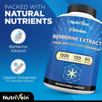 Nutrivein Berberine Supplement 1200 mg with Ceylon Cinnamon, 120 Capsules | High-absorption berberine HCl for men and women. Supports metabolism, digestion, and natural defenses. Vegan and non-GMO.