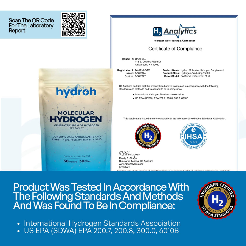 Hydrogen Water Tablets, Molecular Hydrogen Tablets for Drinking Water, Quick-Dissolving Unflavored H2 Tabs, Up to 12 PPM Hydrogen, No Equipment Needed (30-Day Supply)