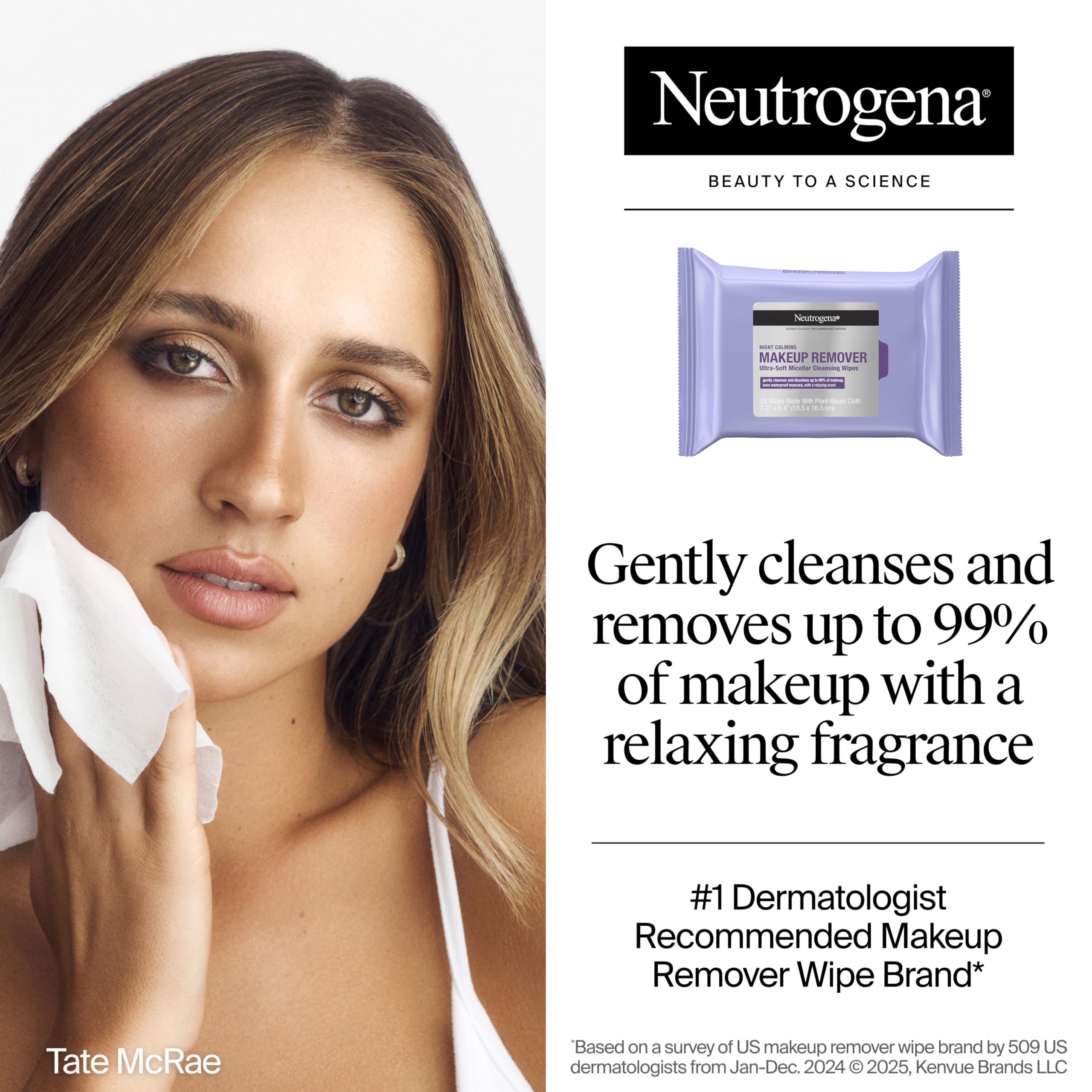 Neutrogena Night Calming Makeup Remover Face Wipes, 2 x 50 ct | Nighttime Cleansing Towelettes, Remove Sweat Dirt & Makeup, Hypoallergenic, 100% Plant Based Cloth