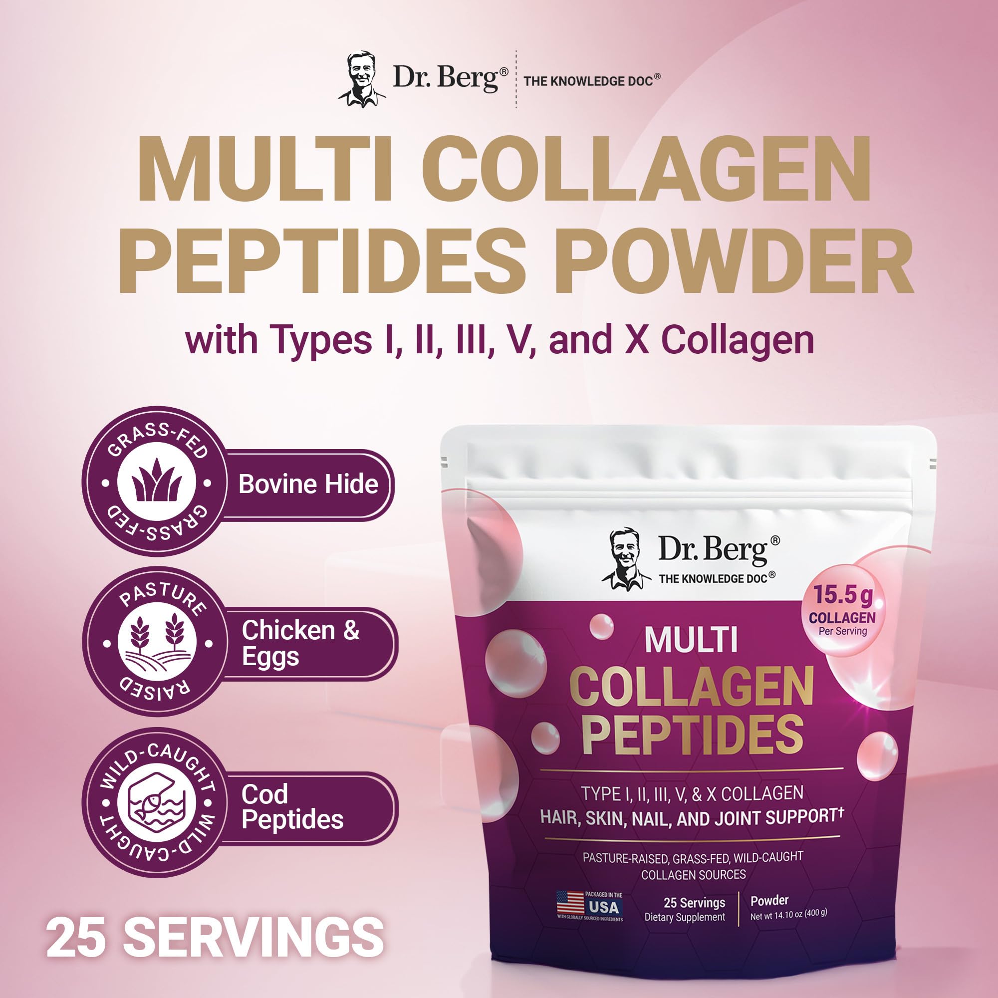 Dr. Berg Multi Collagen Peptides Powder Types I, II, III, V, X - Unflavored Collagen Powder w/ 14 g of Protein - Grass-Fed, Pasture-Raised & Wild-Caught Collagen Sources - 25 Servings