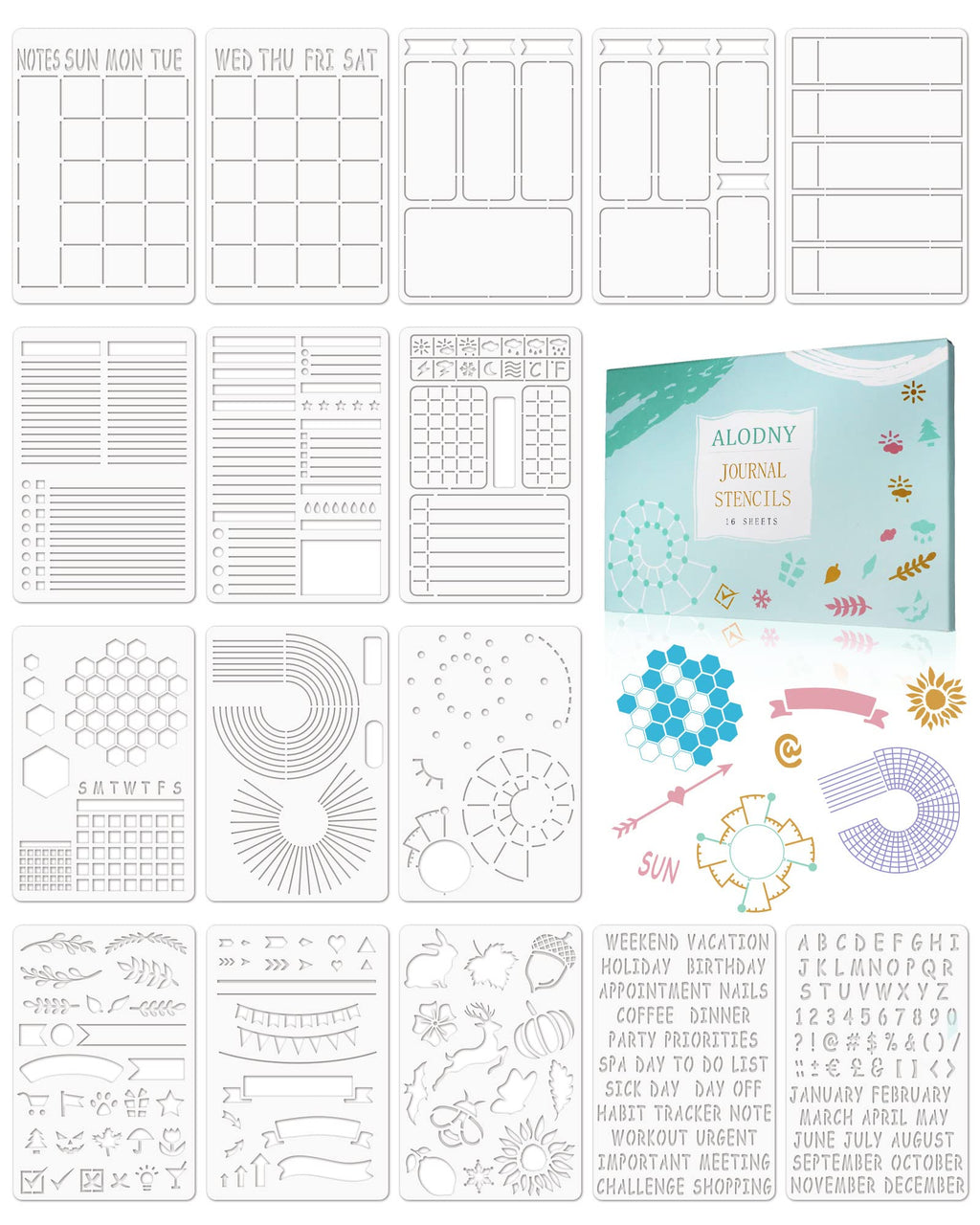 ALODNY 16 Pcs Journal Stencils Set - Time Saving Bullet Journaling Supplies/Accessories Kit -Ultimate Productivity Planner Stencil for Bullet Journal Stencils A5 Dotted Journals