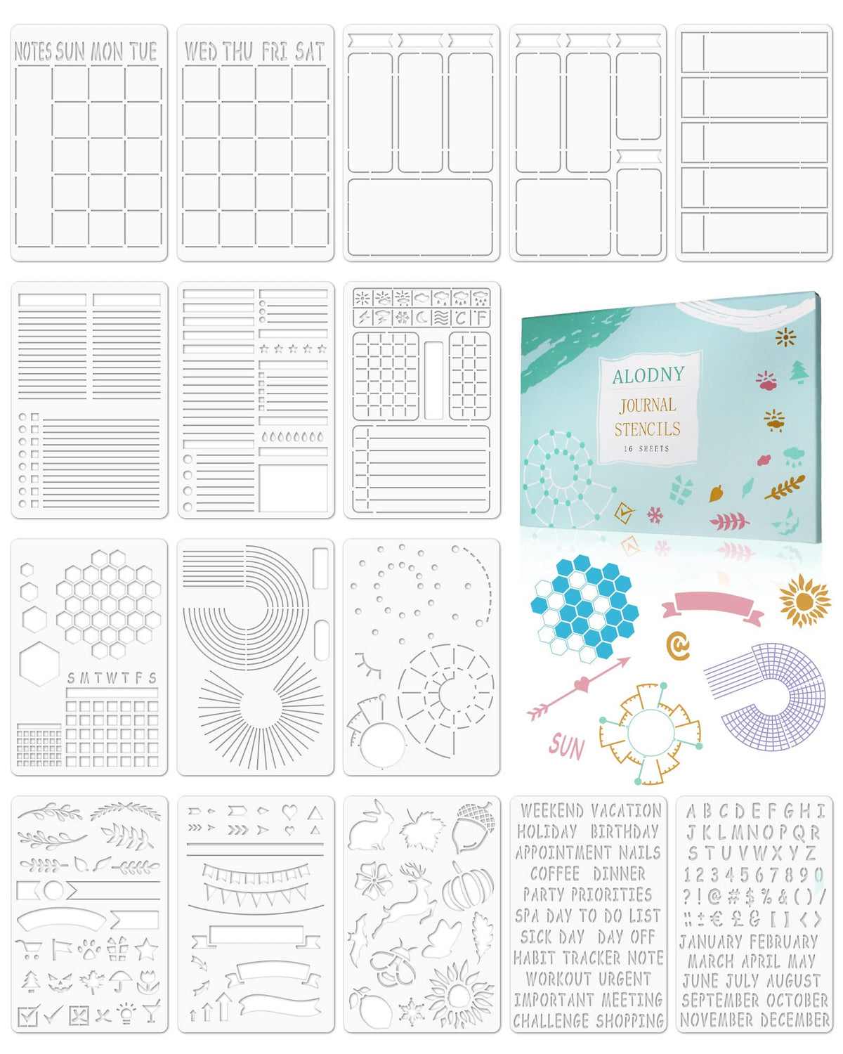 ALODNY 16 Pcs Journal Stencils Set - Time Saving Bullet Journaling Supplies/Accessories Kit -Ultimate Productivity Planner Stencil for Bullet Journal Stencils A5 Dotted Journals