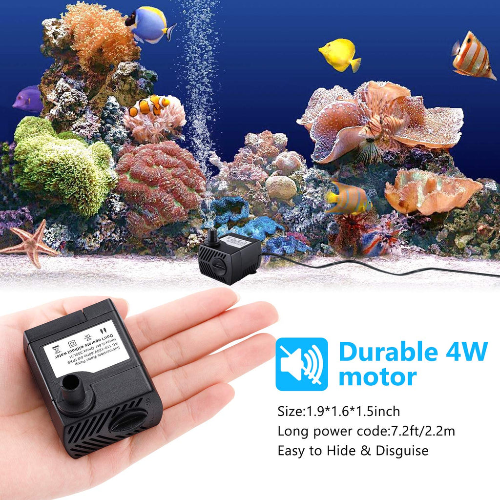 CWKJ Fountain Pump, 80GPH(4W 300L/H) Submersible Water Pump, Durable Outdoor Fountain Water Pump with 4.9ft Tubing (ID x 1/3-Inch), 3 Nozzles for Aquarium, Pond, Fish Tank, Water Pump Hydroponics