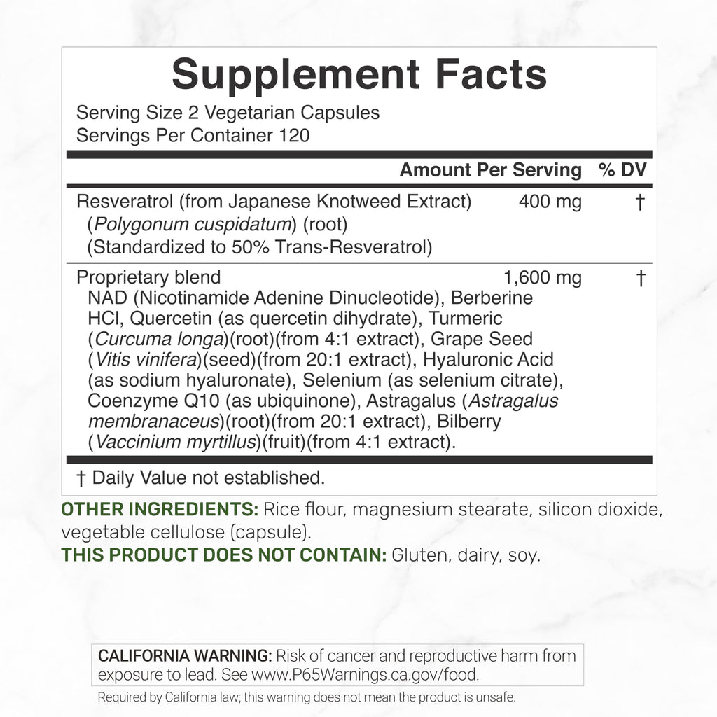 DEAL SUPPLEMENT Resveratrol Complex, 240 Veggie Capsules – Trans-Resveratrol Supplement with NAD, Quercetin, Turmeric, CoQ10, & More | Non-GMO, Gluten Free