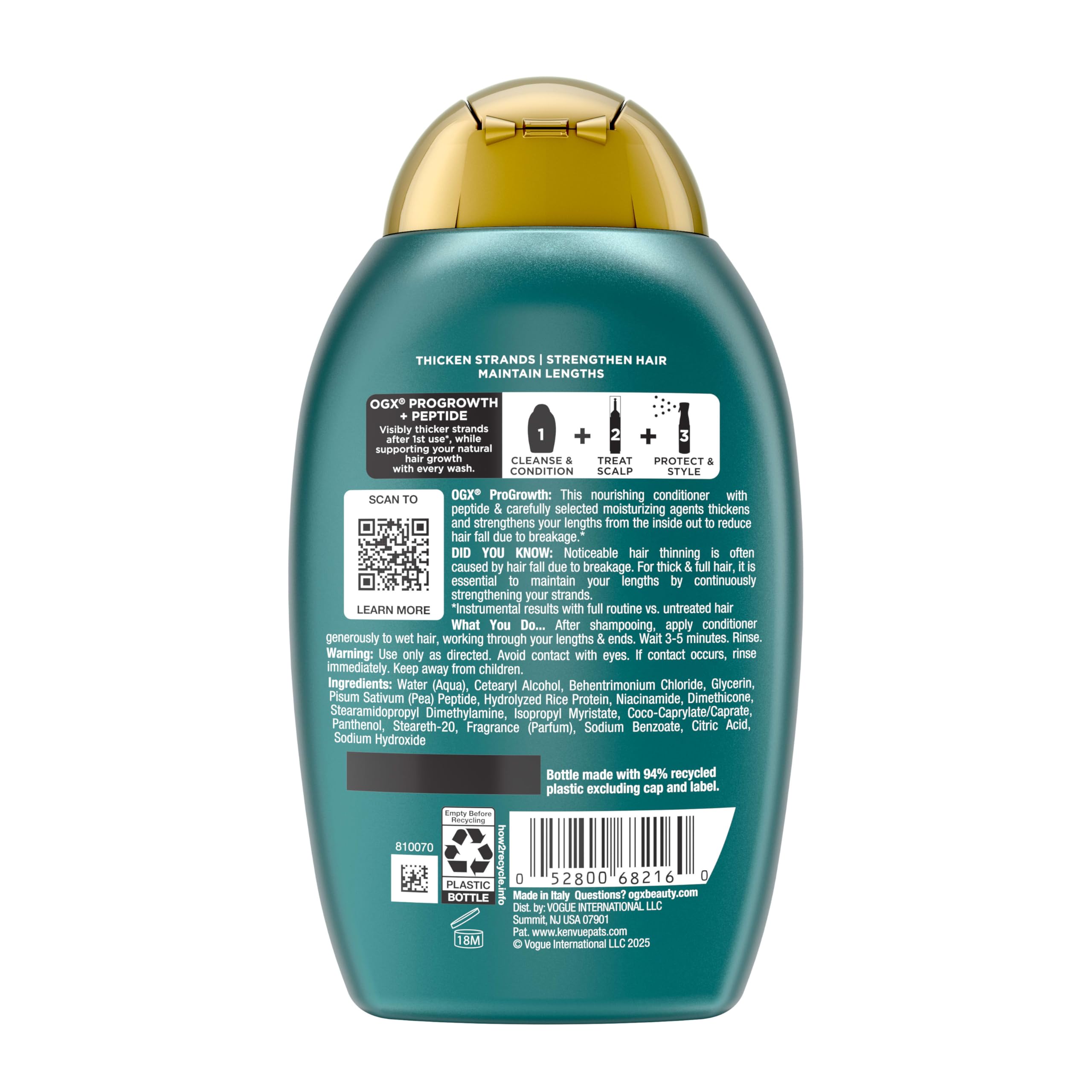 OGX ProGrowth + Peptide Conditioner, 13 fl oz | Thickening, Moisturizes, Reinforces and Strengthens Hair, Reduces Hair Fall Due to Breakage