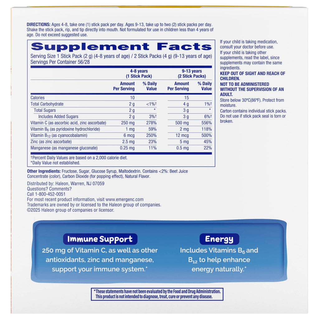 Emergen-C Kidz Vitamin C 250mg Crystals, Strawberry, 56 Packets | No Water Needed, B Vitamins for Energy, Zinc and Manganese, Easy Pouch Format, Kids Crystals