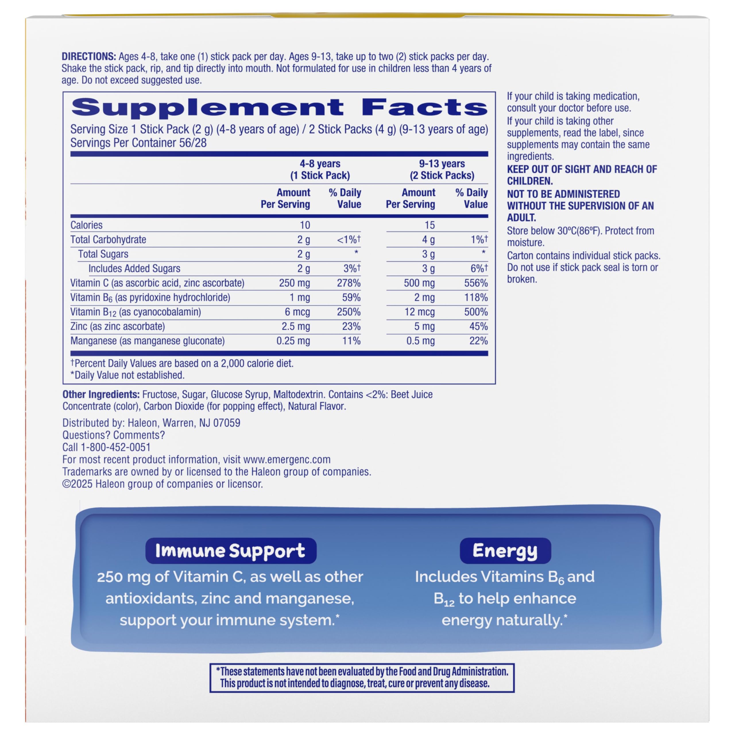 Emergen-C Kidz Vitamin C 250mg Crystals, Strawberry, 56 Packets | No Water Needed, B Vitamins for Energy, Zinc and Manganese, Easy Pouch Format, Kids Crystals