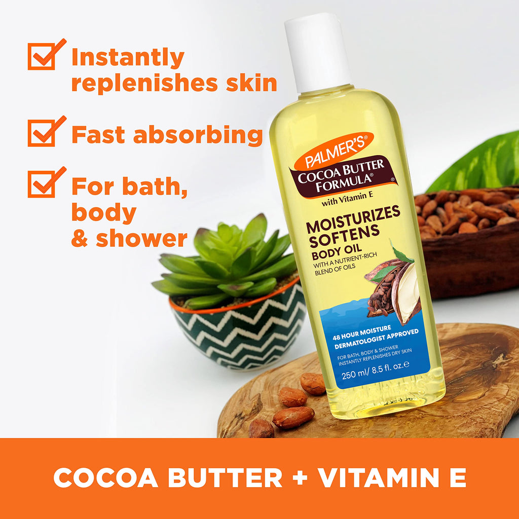 Buy now Palmer's Cocoa Butter Moisturizing Body Oil with Vitamin E, Radiant Looking Glow and Skin Hydration, Instant Absorption, Bath, Body and Shower, 8.5 Ounces at indiglob india