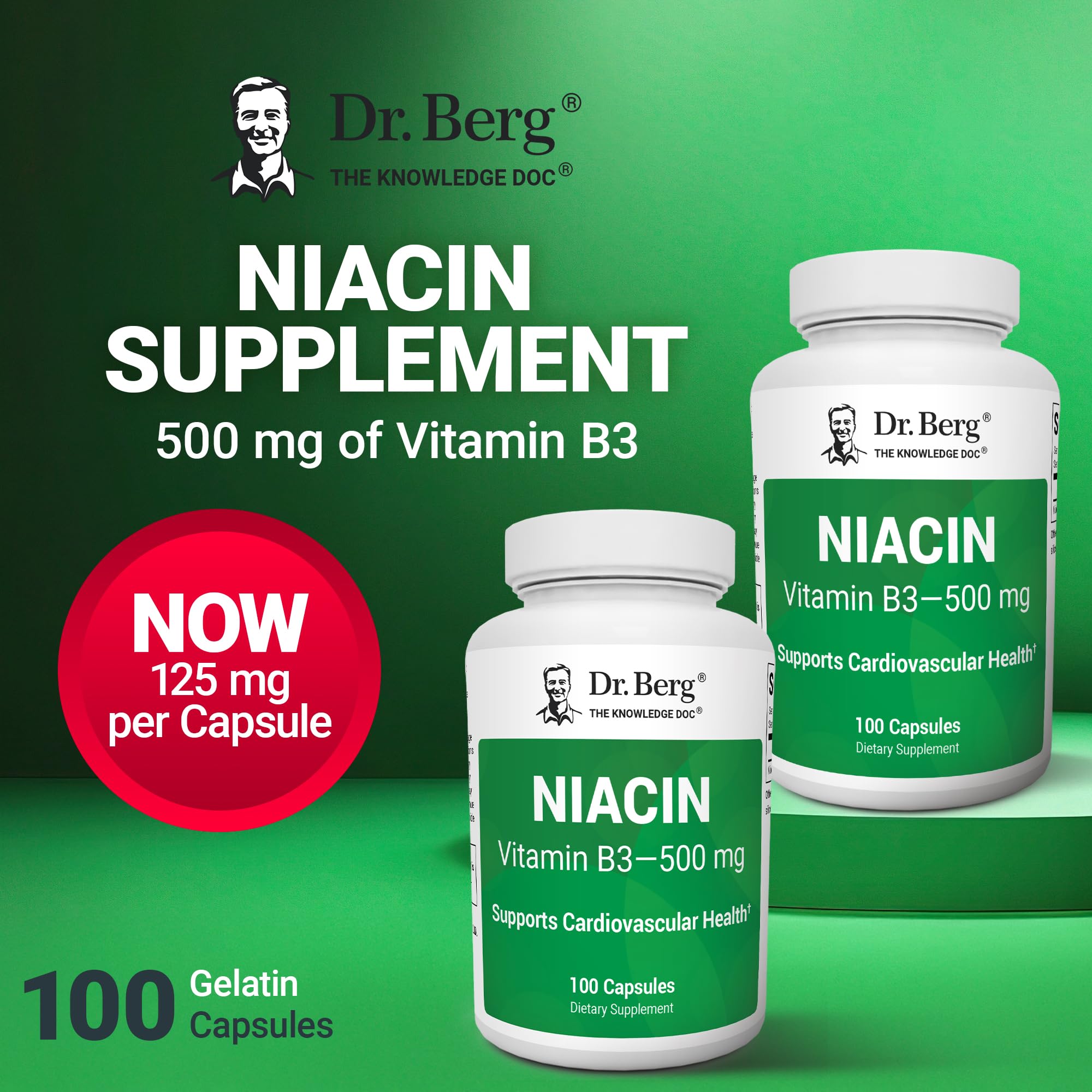 Dr. Berg Highly-Potent Niacin 500 mg – Now Only 125 mg per Capsule for Niacin Flush Tolerance Building – Gradually Increase to 500mg a Day – Vitamin B3 for Heart, Brain & Energy Support – 100 Capsules