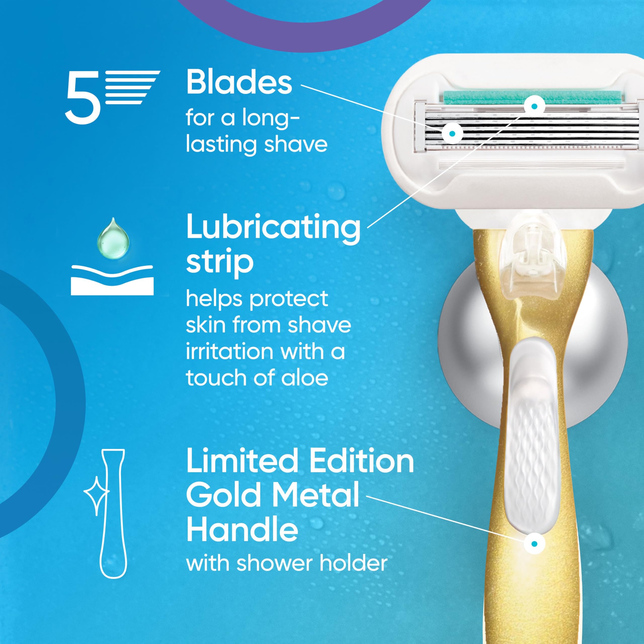 Gillette Venus Extra Smooth Sensitive Gold Women's Razor Handle + 2 Blade Refills, includes Shower Holder