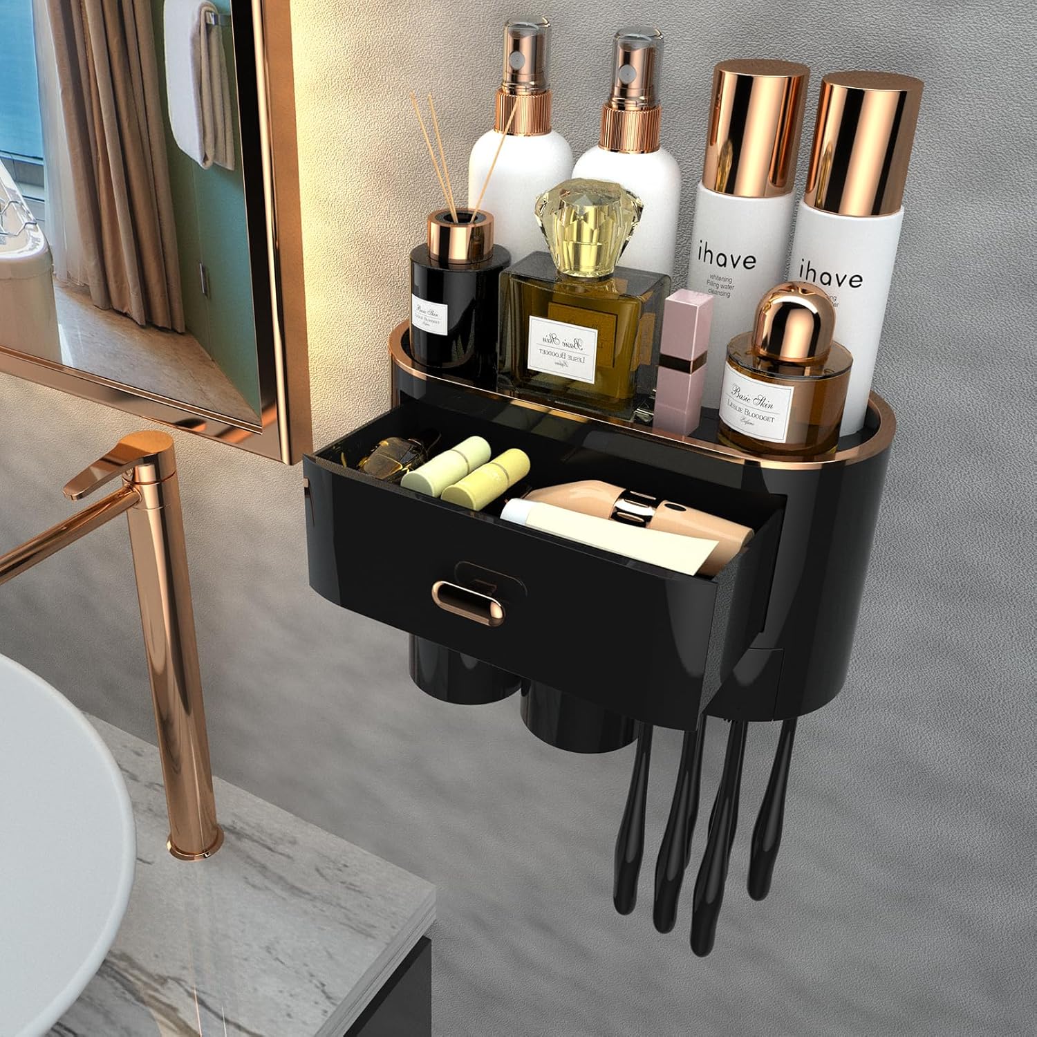 Buy now iHave Toothbrush Holders for Bathrooms, 4 Cups Toothbrush Holder Wall Mounted with Toothpaste Dispenser - Large Capacity Tray, 2 Cosmetic Drawer - Bathroom Organizer & Bathroom Accessories Set 2 cup New!-black Gold at indiglob india