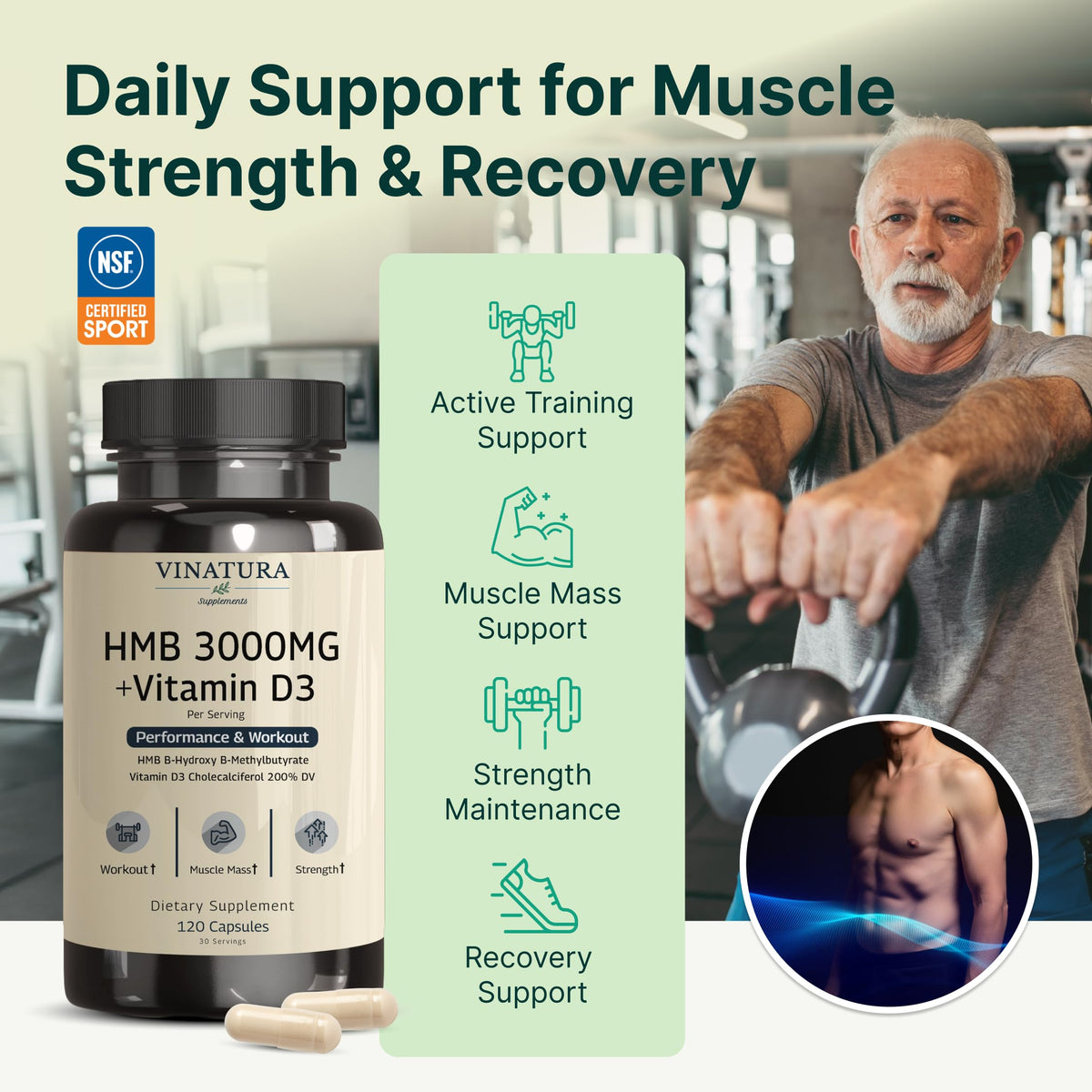 VINATURA HMB 3000mg and Vitamin D3 Supplement - Muscle Defense with HMB (Beta-Hydroxy Beta-Methylbutyrate), Vitamin D3 (1600 IU), Labs Tested & NSF Certified for Sport - 120 Capsules
