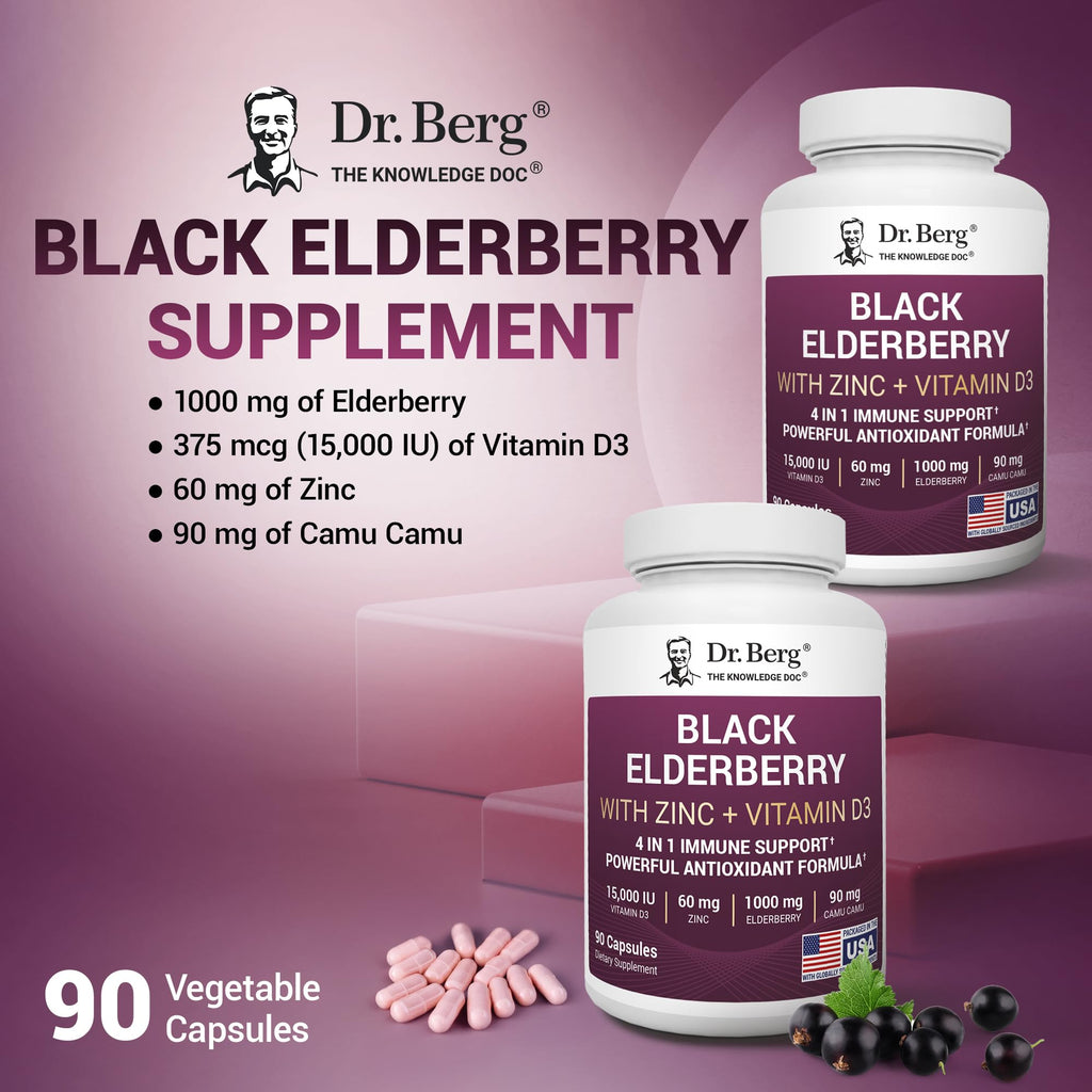 Dr. Berg Black Elderberry Capsules (Advanced Immune Support*) with 15,000 IU Vitamin D, 60 mg of Zinc, & 90 mg of Camu Camu - (4-in-1) Sambucus Elderberry Immune Support Supplement - 90 Capsules