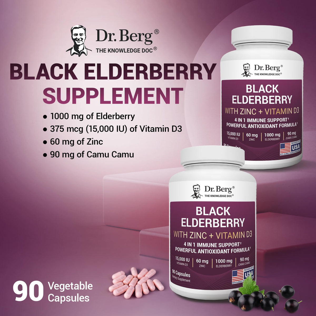 Dr. Berg Black Elderberry Capsules (Advanced Immune Support*) with 15,000 IU Vitamin D, 60 mg of Zinc, & 90 mg of Camu Camu - (4-in-1) Sambucus Elderberry Immune Support Supplement - 90 Capsules